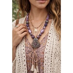 Purple Beaded Statement Necklace Ornate Floral Pendant Rhinestones Silver Tone